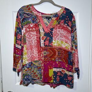 Jones New York Blouse Women's 2X Multicolor Floral Patchwork V Neck 3/4 Sleeve
